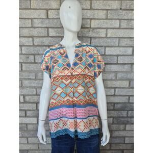 Johnny Was Silk Boho Blouse Top Mixed Print Floral Embroidered Size S